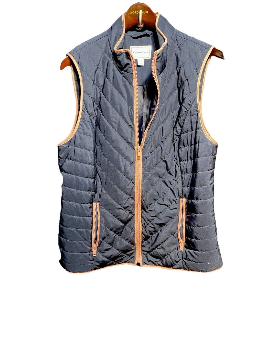 Charter Club Navy W/ Pink Trim Women’s Lightweight Golf Puffer Vest Size L #0257